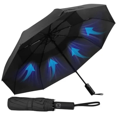 Afbeelding van Hannstar Paraplu, zakparaplu, automatisch openen en sluiten, klein, compact, licht, sterk, winddicht stormbestendig, dubbel geventileerd luifel, voor heren dames, zwart, Klein
