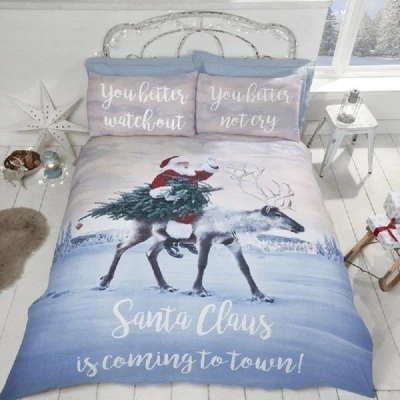 Afbeelding van Kerst dekbedovertrek Santa Claus Coming to Town lits jumeaux met 2 x kussensloop