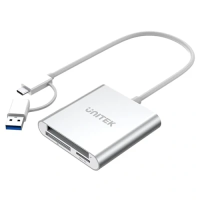 Afbeelding van UNITEK All in One Kaartlezer USB 3.0 + C Adapter, 5 Gbps, 3 Slots voor SD/mini SD/micro SD(TF)/CompactFlash (CF)/MS Windows PC, Mac, Notebook en TV, Zilver, Aluminium