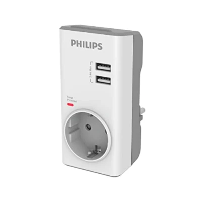 Afbeelding van Philips Adapter CHP4010W/10 stekkeradapter, geïntegreerde USB oplader, 2 poorten 2,4 A max. 1 stopcontact, LED display, overspanningsbeveiliging, wit
