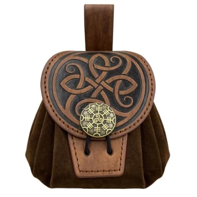 Afbeelding van HiiFeuer Middeleeuws riemtasje van kunstleer met reliëf, Retro Renaissance Draagbare Riemtas Muntzak Dobbelsteentas voor LARP Ren Faire (Bruin B)