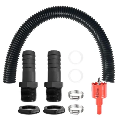Afbeelding van Riisoyu Regentonverbindingsset, 50 cm regentonverbinding, gatopener en 2 slangaansluitingen, 25 mm, met contramoer, regenton, aansluiting, regenpijp voor regenpijp, regenverzamelaar, regenwatertonnen