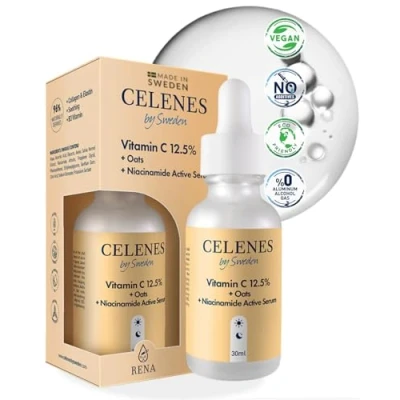 Afbeelding van Celenes by Sweden Gezichtsserum 12,5% Vitamine C, Haverextract, Niacinamide Preventie + Hydraterend Alcoholvrij, Geurvrij, Parabeenvrij &amp; Verhelderend 30ml