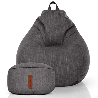 Afbeelding van Green Bean© Set van 2 Indoor Zitzak + Krukje met EPS parels vulling Voetenbankje Voetkussen Zitkussen Loungestoel Relaxfauteuil Donkergrijs Asfalt