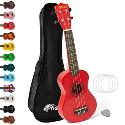 Afbeelding van TIGER UKE7 RD Sopraan Ukulele voor beginners inclusief gigbag, vilt pick, reserve set snaren nu uitgerust met Aquila rood