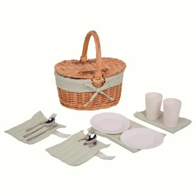 Afbeelding van UNUS® Picknickmand voor kinderen, ovaal, van wilgentenen met stoffen bekleding, complete set 2 personen bestek, borden en bekers, draagbare rieten mand picknick uitstapjes