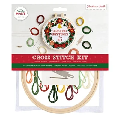 Afbeelding van Simply Make Kruissteekkit kerstkrans ontwerp voor kinderen en volwassenen, inclusief hoepel, borduurgaren, stof naald perfect volwassen ambachten beginners starter kruissteek knutselset
