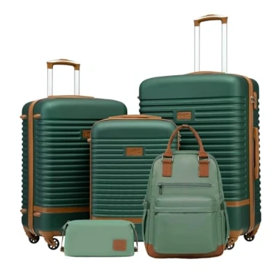 Afbeelding van COOLIFE Koffer trolley reiskoffer van ABS hard shell 4 wielen TSA slot De bevat 1 reisrugzak en toilettas, donkergroen/bruin, Set 5tlg, Prachtige casual reisset