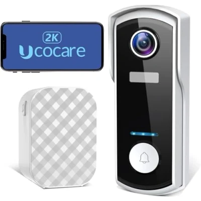 Afbeelding van UCOCARE Deurbel met camera, 2 K/4 MP bel draadloze camera gratis binnengong, AI mensenherkenning, 3 spraakwisselopties, 180 dagen batterijduur, diefstalalarm, IP67