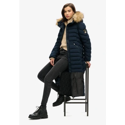 Afbeelding van Lange Fuji jas met Capuchon van Imitatiebont Blauw Grootte: 40