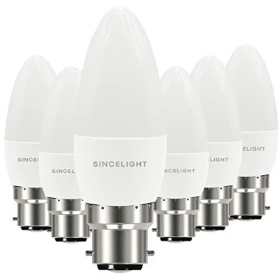 Afbeelding van B22 LED kaarslamp, B35 vorm met melkachtige diffuser, 5 watt, Warm wit 2700K &amp; RA≈92 hoge kleurweergave, 450 lumen ≈50W equivalent, niet dimbaar, BC bajonetdop, verpakking van 6