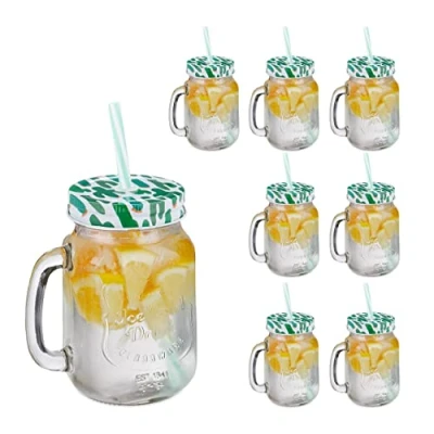 Afbeelding van Relaxdays drinkglazen rietje &amp; deksel set van 8 cactus print handvat transparant