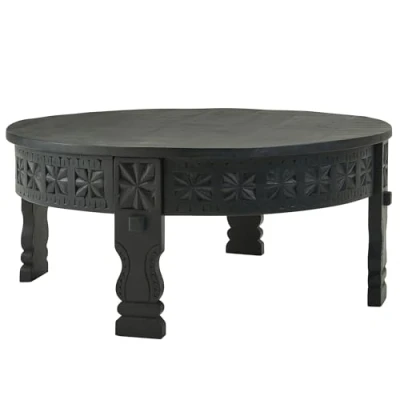 Afbeelding van FineBuy Mango massief Houten Salontafel Rond Zwart hout Tafel woonkamer oosters loungetafel