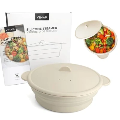 Afbeelding van VINAK Siliconen stoompan voor magnetron en oven, opvouwbare van 1200 ml siliconen, snel gezond stomen, gemakkelijk in de vaatwasser te reinigen.