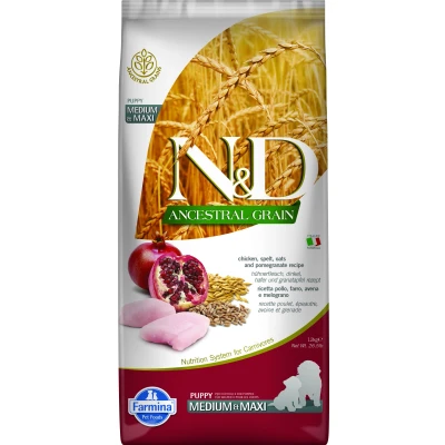 Afbeelding van 12kg Ancestral Grain Puppy Medium &amp; Maxi Kip Granaatappel Farmina N&amp;D Hondenvoer