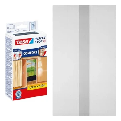 Afbeelding van tesa Insect Stop COMFORT vliegengordijn voor deuren insectenbeschermingsdeur met klittenband vliegennet zonder boren, antraciet (2 x 65 cm) 120 cm 220 cm, (transparant)
