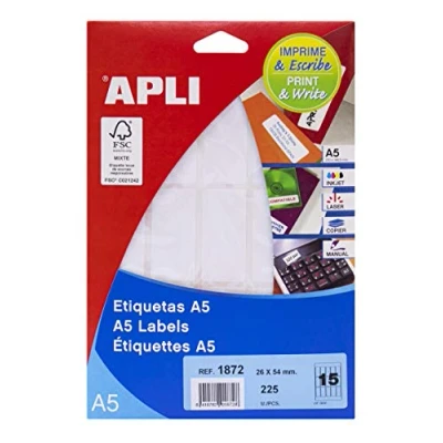 Afbeelding van APLI 1872 Witte A5 etiketten 26,0 x 54,0 mm 15 vellen