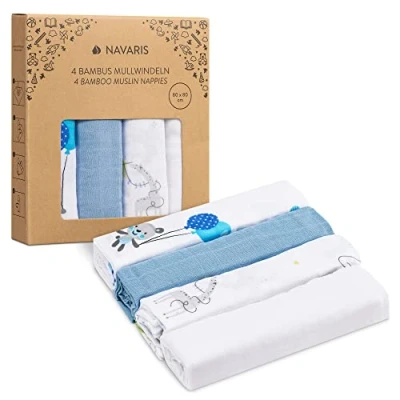 Afbeelding van Navaris mousseline doeken voor baby 4 stuks 80 x cm boertjes of als deken Superzacht viscose en katoen Wit/blauw ontwerp