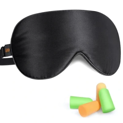 Afbeelding van Zijden slaapmasker, oogmasker, Gritin Licht verduisterend ontwerp Ultra zacht en comfortabel 100% natuurlijke zijde slaapmasker Oogblinder met verstelbare riem oordop voor heren, dames kinderen