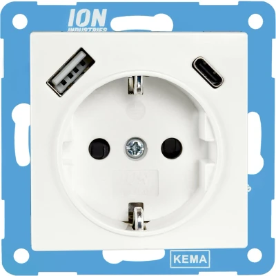 Afbeelding van ION industries stopcontact met randaarde en USB A + C kinderbeveiliging V1/J1 alpin wit glanzend (10.300.414) wandcontactdoos