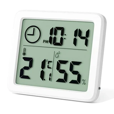 Afbeelding van Newaner Digitale mini thermometer, professionele draagbare hygrometer met klok, nauwkeurige witte kamerthermometer, kamerthermometer voor thuis, babykamer, kantoor, broeikas
