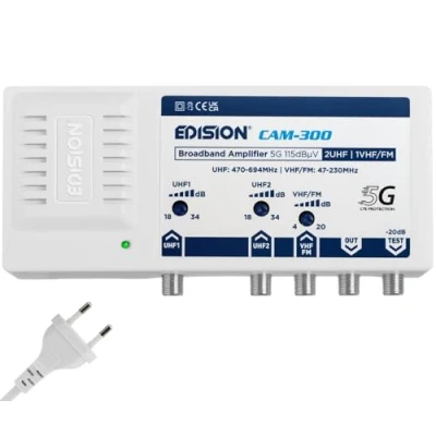Afbeelding van EDISION CAM 300 TV antenneversterker, breedband, 2UHF, 1VHF/FM, 18 34db verstelbaar, 115dBmV, voor digitaal terrestrisch DVB T/T2, met 5G LTE filter, UHF 470 694 MHz, VHF/FM 47 230MHz