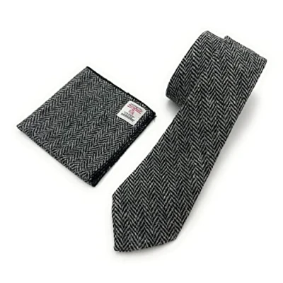 Afbeelding van TARTAN TWEEDS Heren Harris Tweed Stropdas Zakdoek Pocket Vierkante Set, Grijze visgraat, One Size