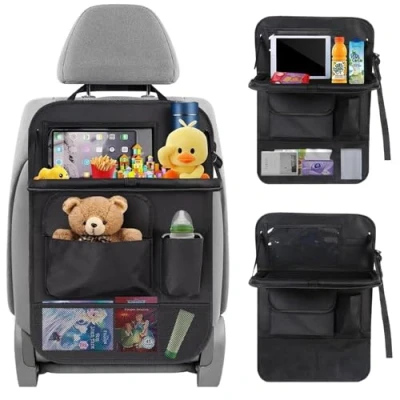 Afbeelding van AONAT organizer voor de achterbank, autostoelbeschermer kinderen met inklapbare tafel, auto zakken, op reis en dagelijks gebruik, zwart