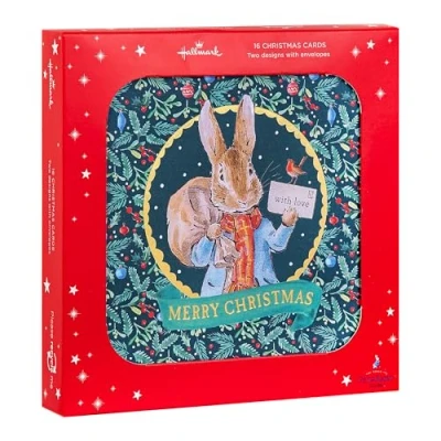 Afbeelding van Hallmark Kerstkaart, multipack kerstkaarten, 16 stuks, 2 motieven, Beatrix Potter, Peter Rabbit, met enveloppen