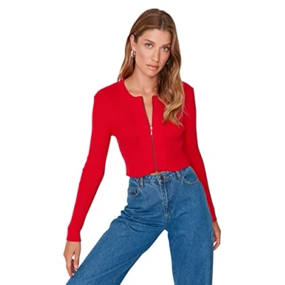 Afbeelding van Trendyol Ecru Cropped Rits 100% Katoen Basic Gebreide Vest Twoaw23Hi00471