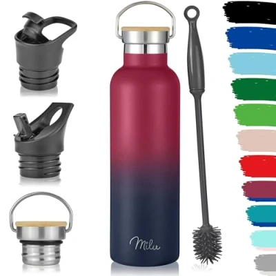 Afbeelding van Milu Roestvrij Staal Vacuüm Geïsoleerde Waterfles 500ml, 750ml, 1l (+3 Deksels) Dubbelwandige Metalen Fles, Voor Warme, Koude &amp; Koolzuurhoudende Dranken (Berry Blauw, 750ml)