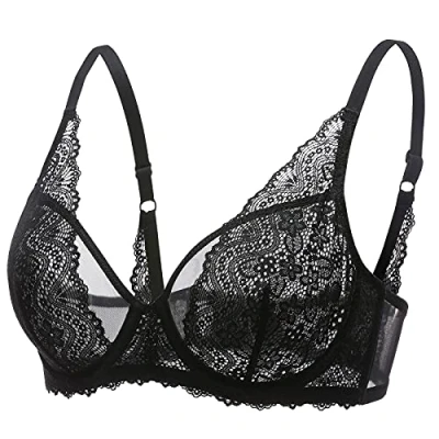 Afbeelding van DOBREVA Vrouwen Kant BH met beugel Minimazer Zachte Grote Maten Sexy Transparante Diepe Hals zwart 75G