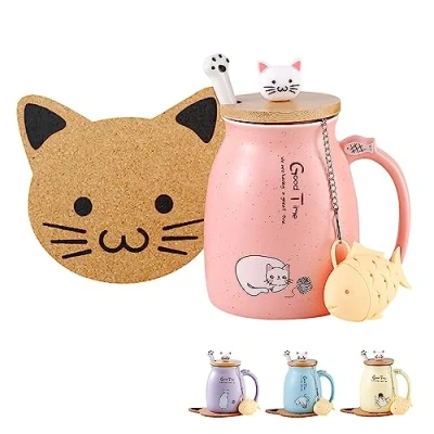 Afbeelding van BigNoseDeer Kat Mok Leuke Keramische Koffie Cup Met Mooie Kitty deksel Lepel, Ochtend Thee Melk Kerst 380ML