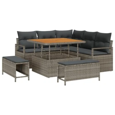 Afbeelding van vidaXL 8 delige tuinset met kussens in het grijs, poly rattan en acacia