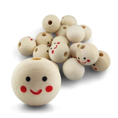Afbeelding van Netuno Smiling Face houten kralen, 16 stuks, met gat en gezicht, 20 mm, koppen, engelkoppen, rond, kralen voor macramé, decoratieve ballen van hout om te