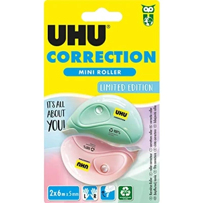 Afbeelding van UHU Pastel Mini Correctieroller, snelle, schone en nauwkeurige correctietape, wit, 2 stuks à 6 m x 5 mm