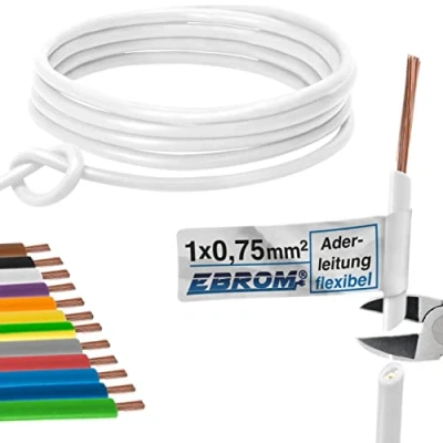 Afbeelding van Aderleiding, flexibele pvc kabel, H05V K, 0,75 mm2, kleur: wit, 10 m/15 m/20 m/25 m/30 m/35 m/40 m/45 m/50 m/55 m/60 m tot 100 m, vrij te kiezen 15 wit