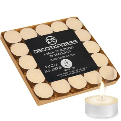 Afbeelding van DECO EXPRESS Theelichtkaarsen Multipack van 200, 100, 50, 25 of 24, brandtijd 4, 8 10 uur theelichtjes kaarsen (vanille macaron 25/4 uur)