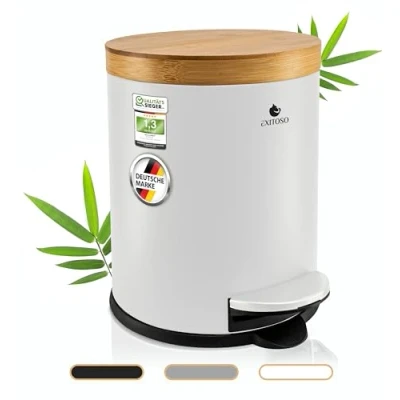 Afbeelding van Exitoso 5 l afvalemmer badkamer wit cosmetica emmer met bamboe houten deksel en softclosemechanisme antislip pad pedaalemmer van roestvrij staal