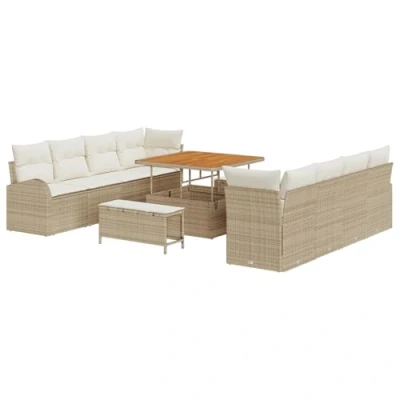 Afbeelding van vidaXL 11 delige tuinmeubelset met kussens in beige van poly rattan en acacia
