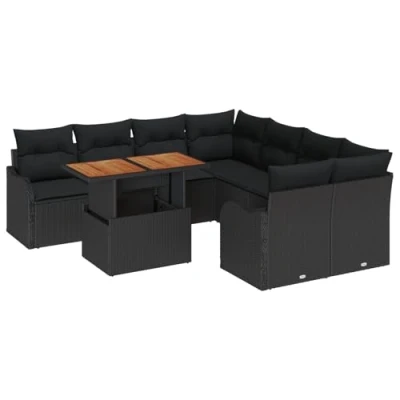 Afbeelding van vidaXL 9 Delige Tuin Sofa Set met Kussens Zwart Poly Rattan, 2 Zits Opbergruimte &amp; Rattan