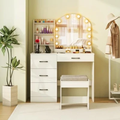 Afbeelding van COSTWAY Make uptafel met ledverlichting, 3 kleuren instelbare helderheid, kaptafel laadstation, kruk, spiegel, 4 laden &amp; open planken, cosmeticatafel, wit