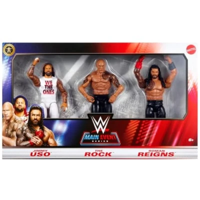 Afbeelding van WWE Jimmy Uso The Rock Roman Reigns Main Event 3 Pack Mattel serie worstelen actiefiguren speelgoed