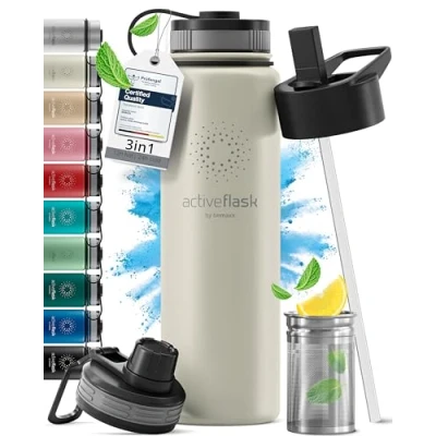 Afbeelding van Drinkfles, roestvrij staal, Active Flask + rietje (3 deksels), BPA vrij, lekvrij, geschikt voor koolzuurhoudende dranken waterfles fiets thermosfles geïsoleerd isolatiefles sport water fles kinderen thee