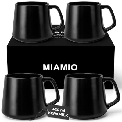 Afbeelding van MIAMIO Koffiemokken Set van 4 / Grote Keramische Koffiekoppen (420 ml) Mok voor Cappuccino, Thee, Espresso Magnetron en Vaatwasserbestendig Luxe Collectie (Zwart)