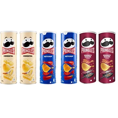 Afbeelding van Testpakket Pringles 2x ketchup + Emmenthal Emmental 175g Smokey Bacon in praktische doos knapperige chip Italiaanse gourmet polpa 400g