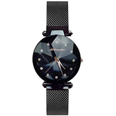 Afbeelding van RORIOS Fashion Analoog Quartz Dames Horloge Mesh Strap Mooie Sterrenhemel Dial Gesimuleerde Diamond Polshorloge, Zwart A, Armband