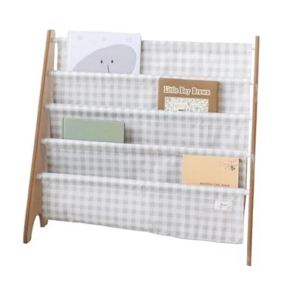 Afbeelding van 3 Sprouts, Montessoriaans boekenkast voor kinderen, ideaal het organiseren en bewaren van boeken, versierd met Gingham beige, 61 x 63 25 cm