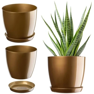 Afbeelding van Kadax bloempot, plantenpot met onderschotel, ronde bloempot voor binnenshuis, elegante sierpot van kunststof, bloemen en planten, lichtgewicht (Ø 18 cm, goud)