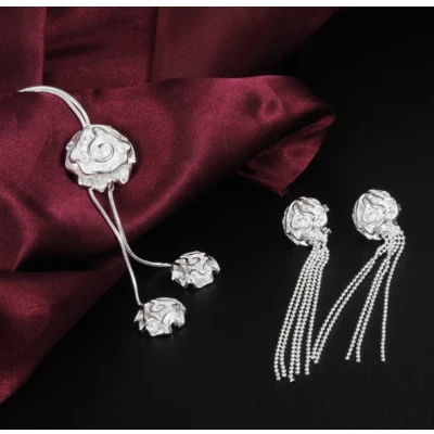 Afbeelding van N3 Collecties 925 Sterling Zilver Rose Bloem Ketting Stud Oorbellen Sieraden Set